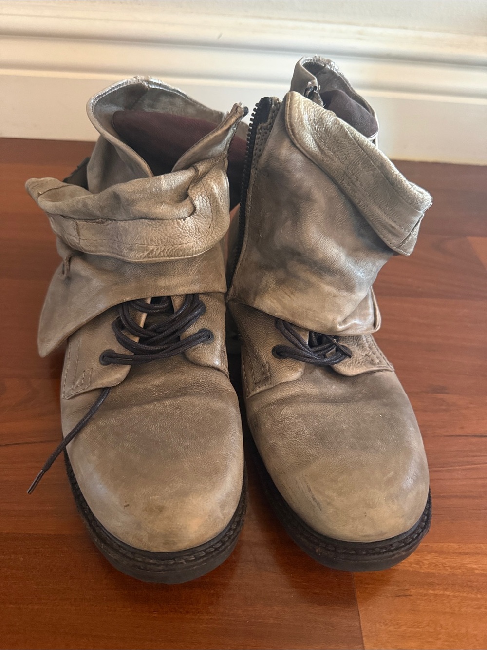 A.S.98 Women's Fold-Over Leather Ankle Boots in Gray, Distressed